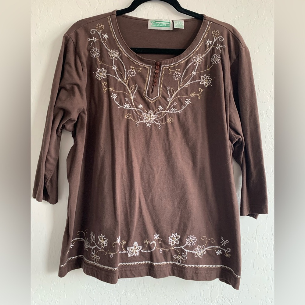 Charming Brown Floral Embroidered Blouse